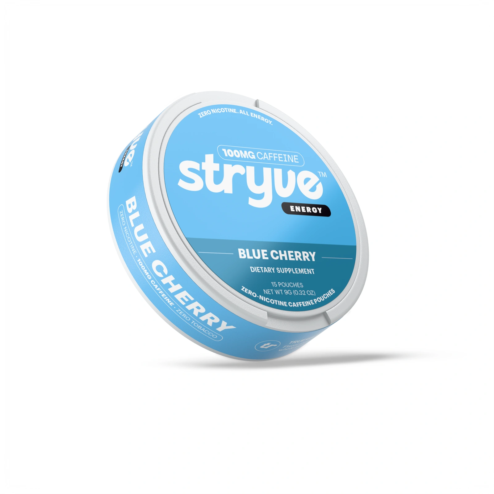 STRYVE Energy Blue Cherry can render, 100mg caffeine and 15 pouches