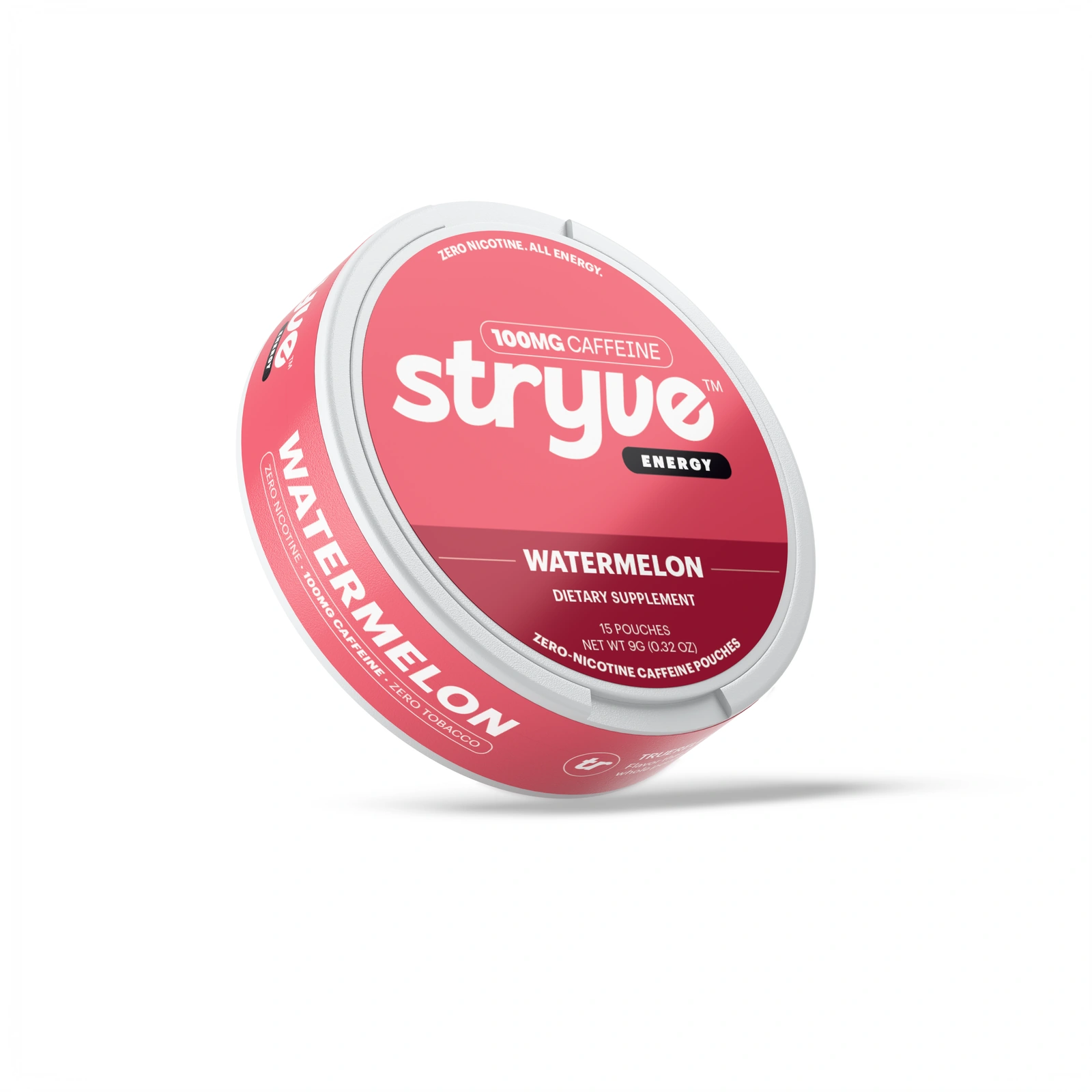 STRYVE Energy Watermelon can render, 100mg caffeine and 15 pouches